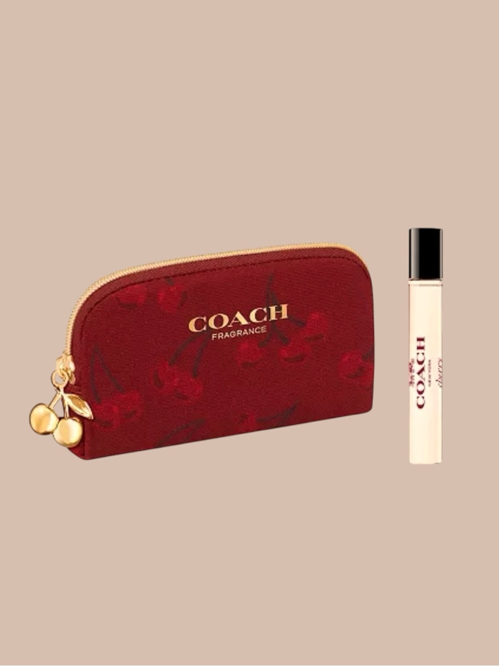 Red-Gold Coach Beauty (Cherry-Print) Mini Coin-Pouch/Fragrance SET